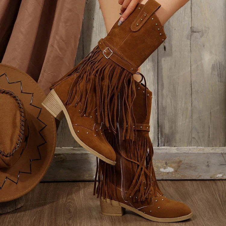 Scarlett1 | Western Boots, Women, Pointed Toe, Block Heel, Fringe, Studded, Side Zip, Mid-Calf, Cowgirl,