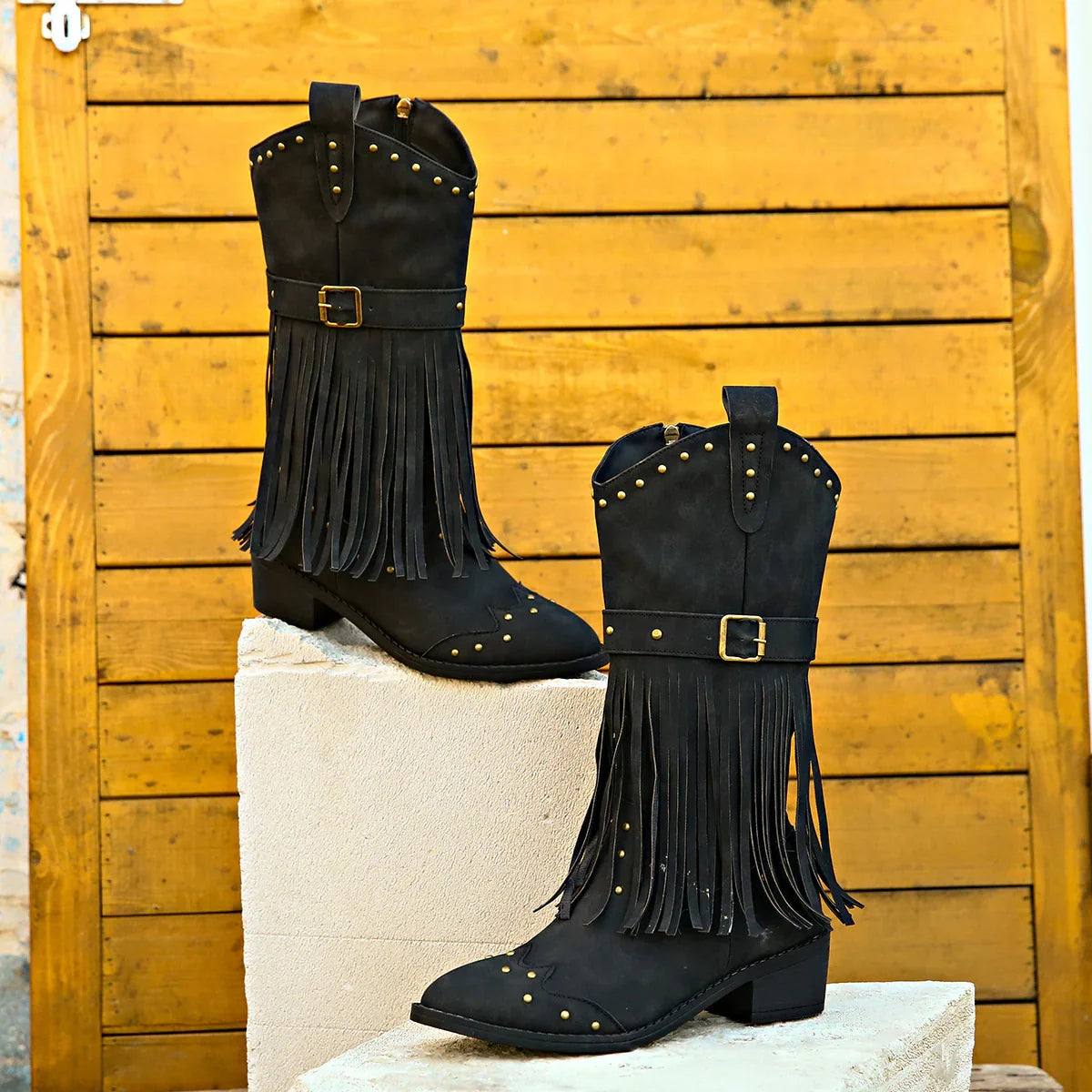 Scarlett1 | Western Boots, Women, Pointed Toe, Block Heel, Fringe, Studded, Side Zip, Mid-Calf, Cowgirl,