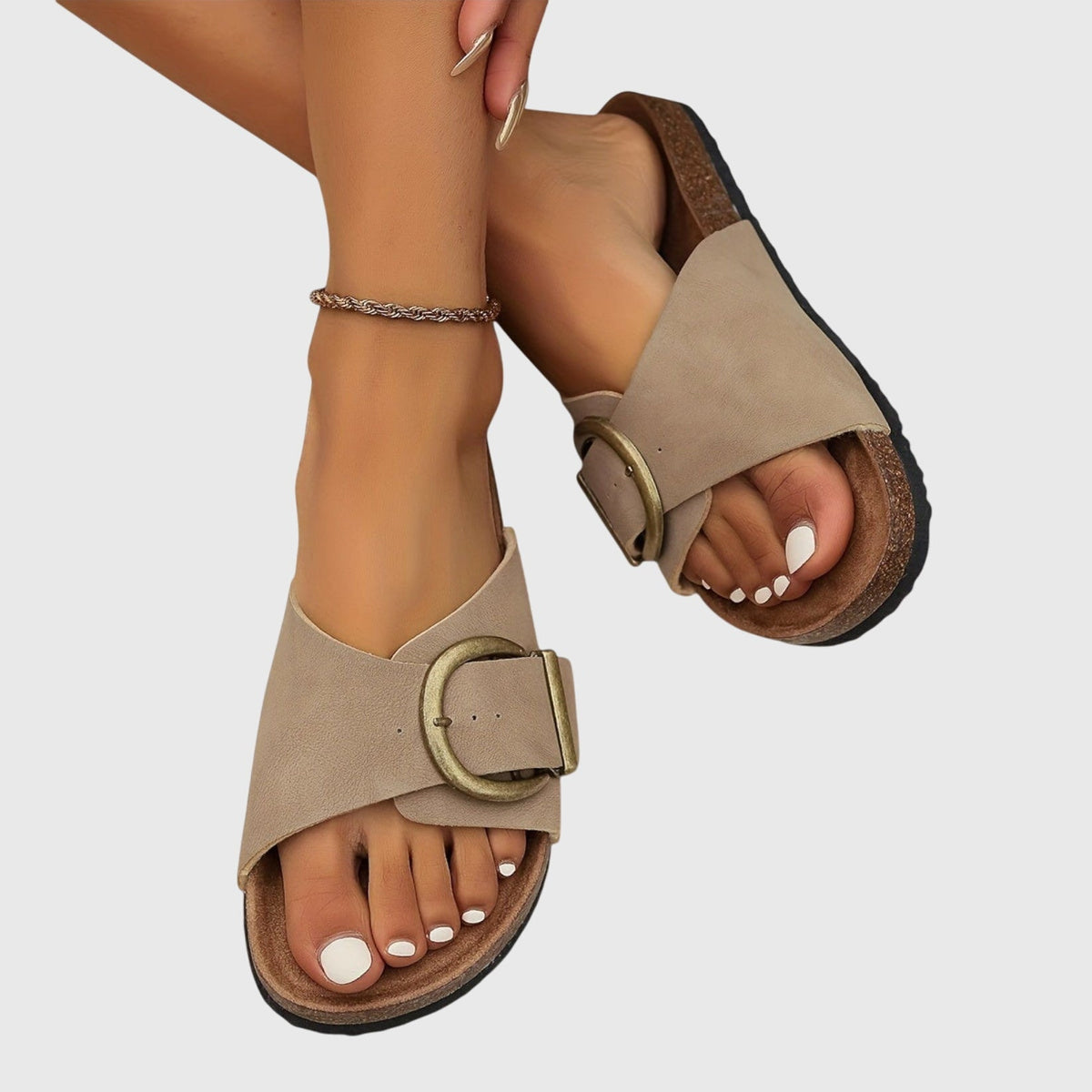 Amber orthopedic women's sandals by Christine Brewer featuring cushioned footbed and supportive design, showcasing beige straps and open toe style.