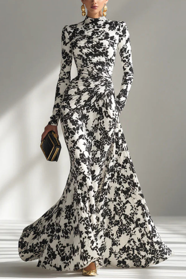 Black and white color-blocked printed long-sleeve maxi dress with pockets, slim fit, pleated design by Christine Brewer.
