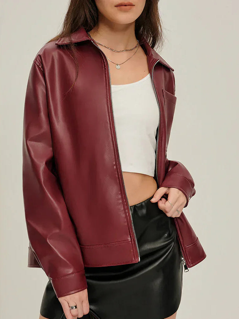 Bianca zip-up faux leather jacket for women by Christine Brewer, shown in black with silver zipper and fitted style.