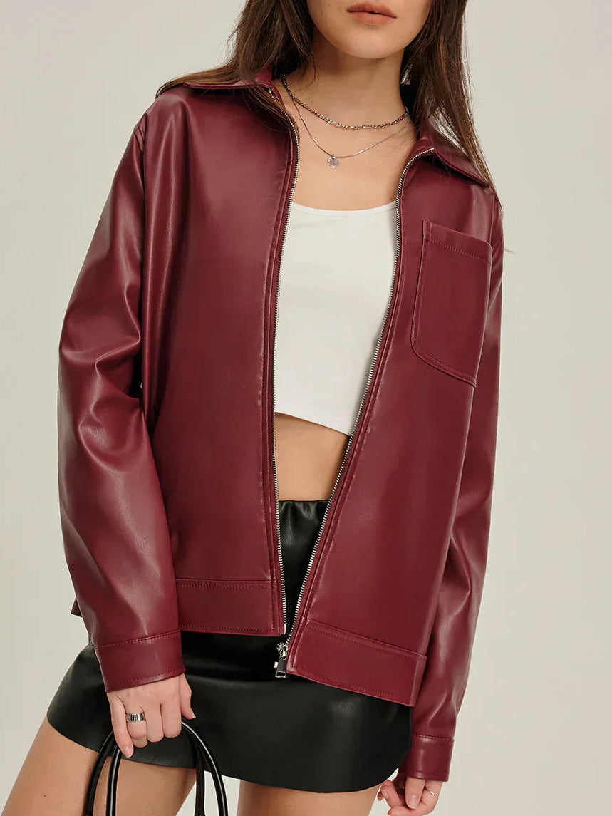 Bianca zip-up faux leather jacket for women by Christine Brewer, featuring a stylish design and front zipper detail.