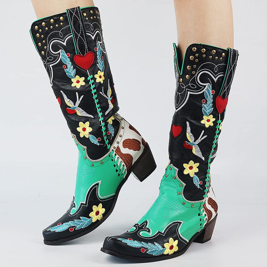 Hazel1 | Cowboy Boots, Knee High Boots, Western Boots, Women, Embroidered, Floral, Block Heel, Square