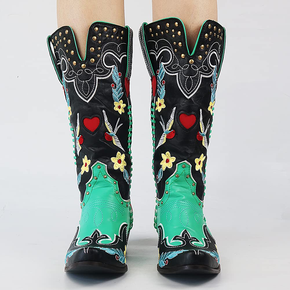 Hazel1 | Cowboy Boots, Knee High Boots, Western Boots, Women, Embroidered, Floral, Block Heel, Square