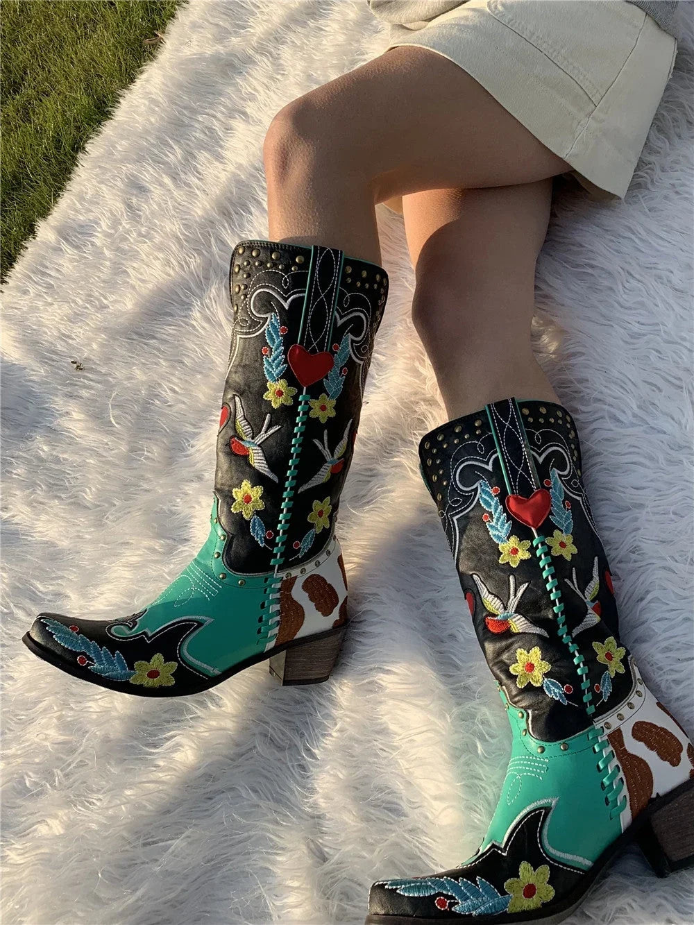 Hazel1 | Cowboy Boots, Knee High Boots, Western Boots, Women, Embroidered, Floral, Block Heel, Square