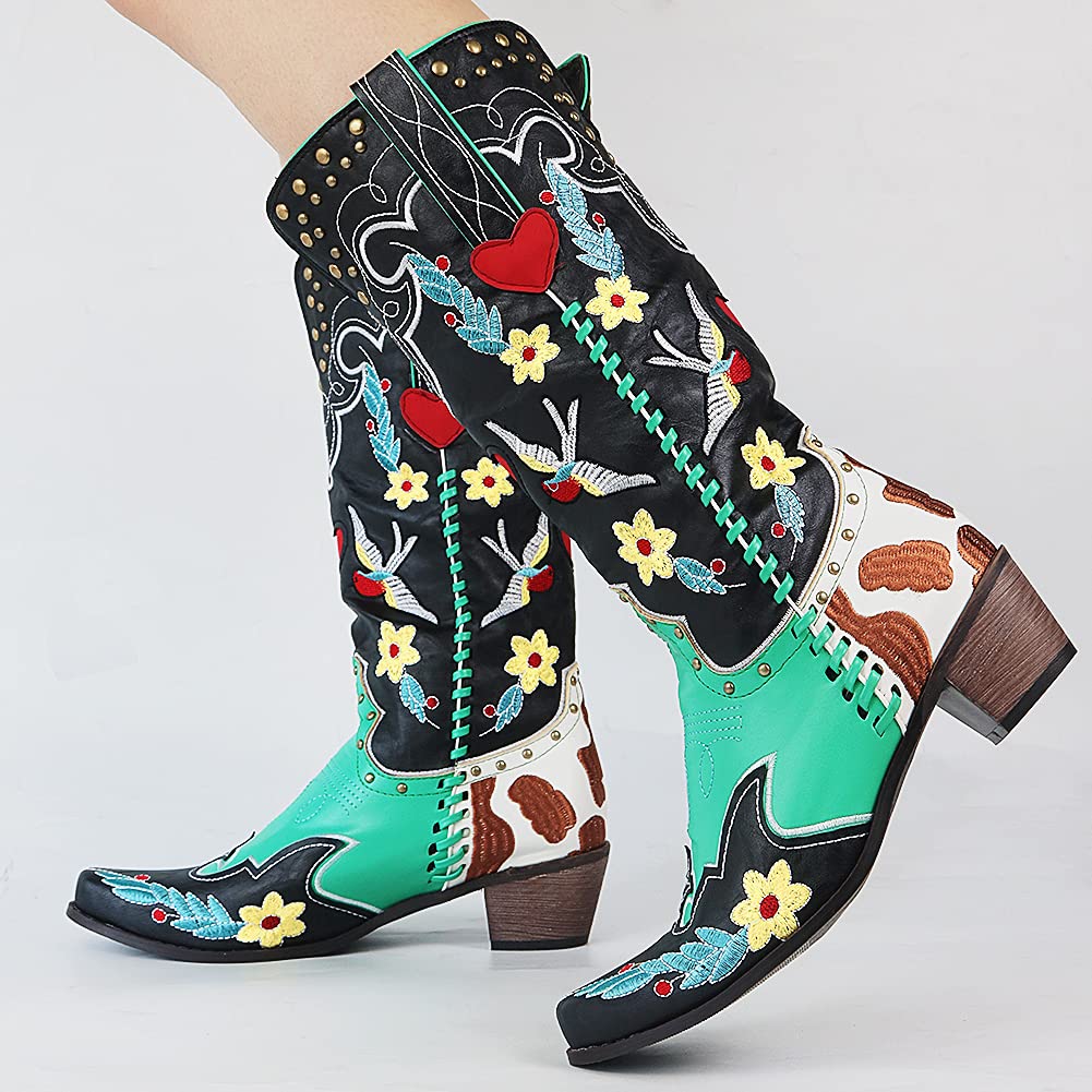 Hazel1 | Cowboy Boots, Knee High Boots, Western Boots, Women, Embroidered, Floral, Block Heel, Square