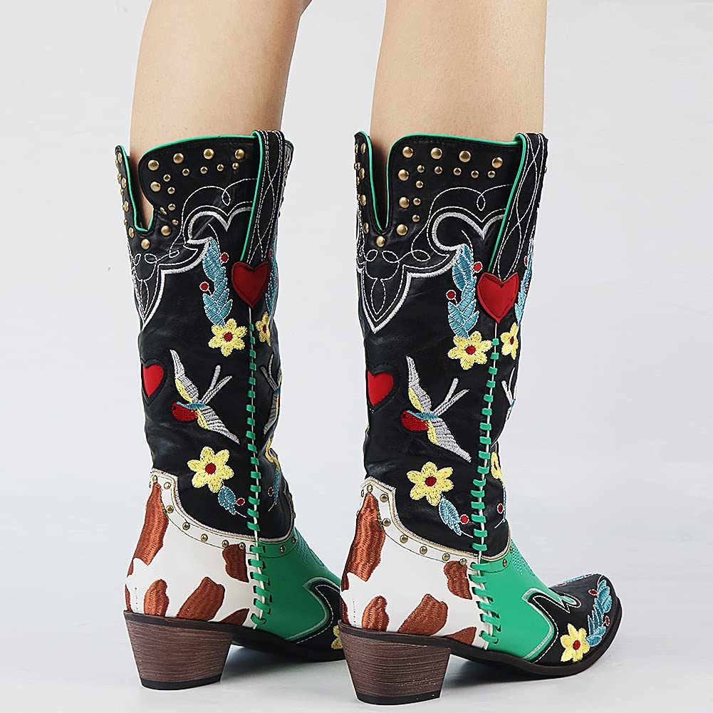 Hazel1 | Cowboy Boots, Knee High Boots, Western Boots, Women, Embroidered, Floral, Block Heel, Square