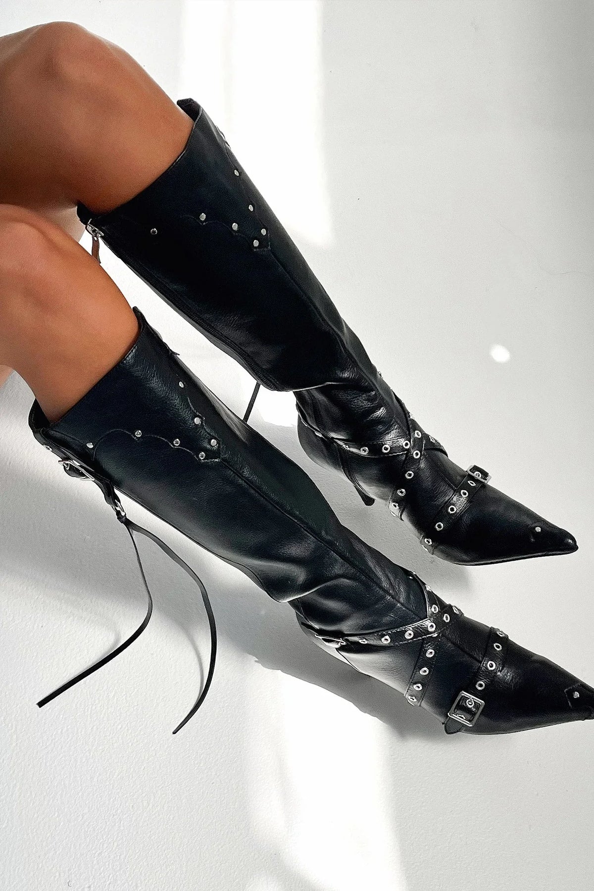 Taylor | Knee High Boots Heeled Boots Women Winter Pointed Toe Stiletto Heel Buckle Studded