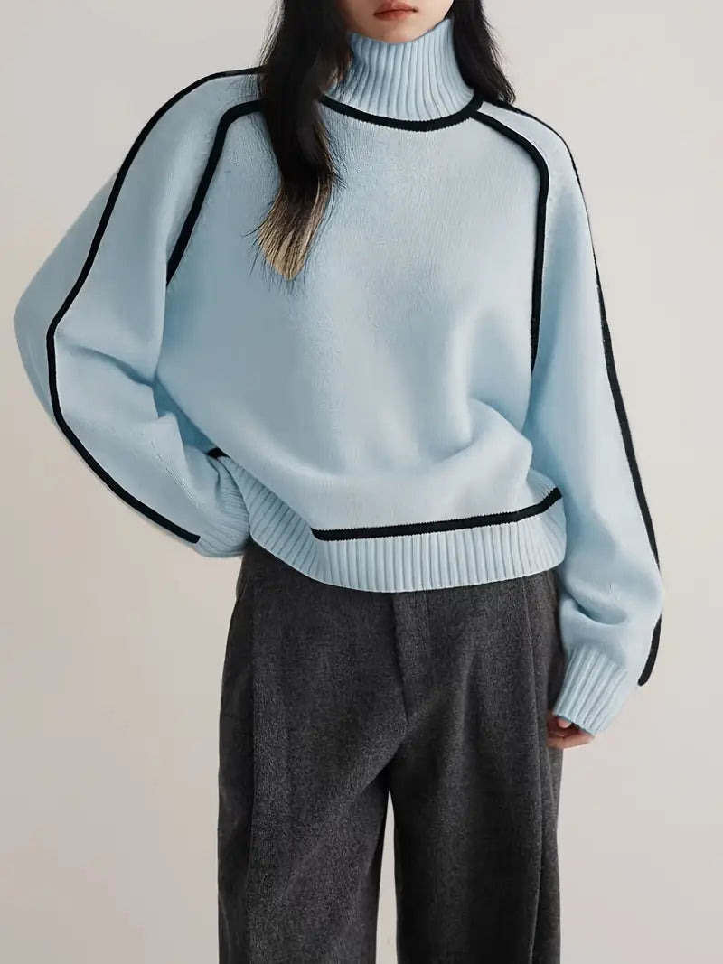 Christine Brewer Clara women's turtleneck sweater in blue, cozy autumn knit with a fitted silhouette and ribbed collar.