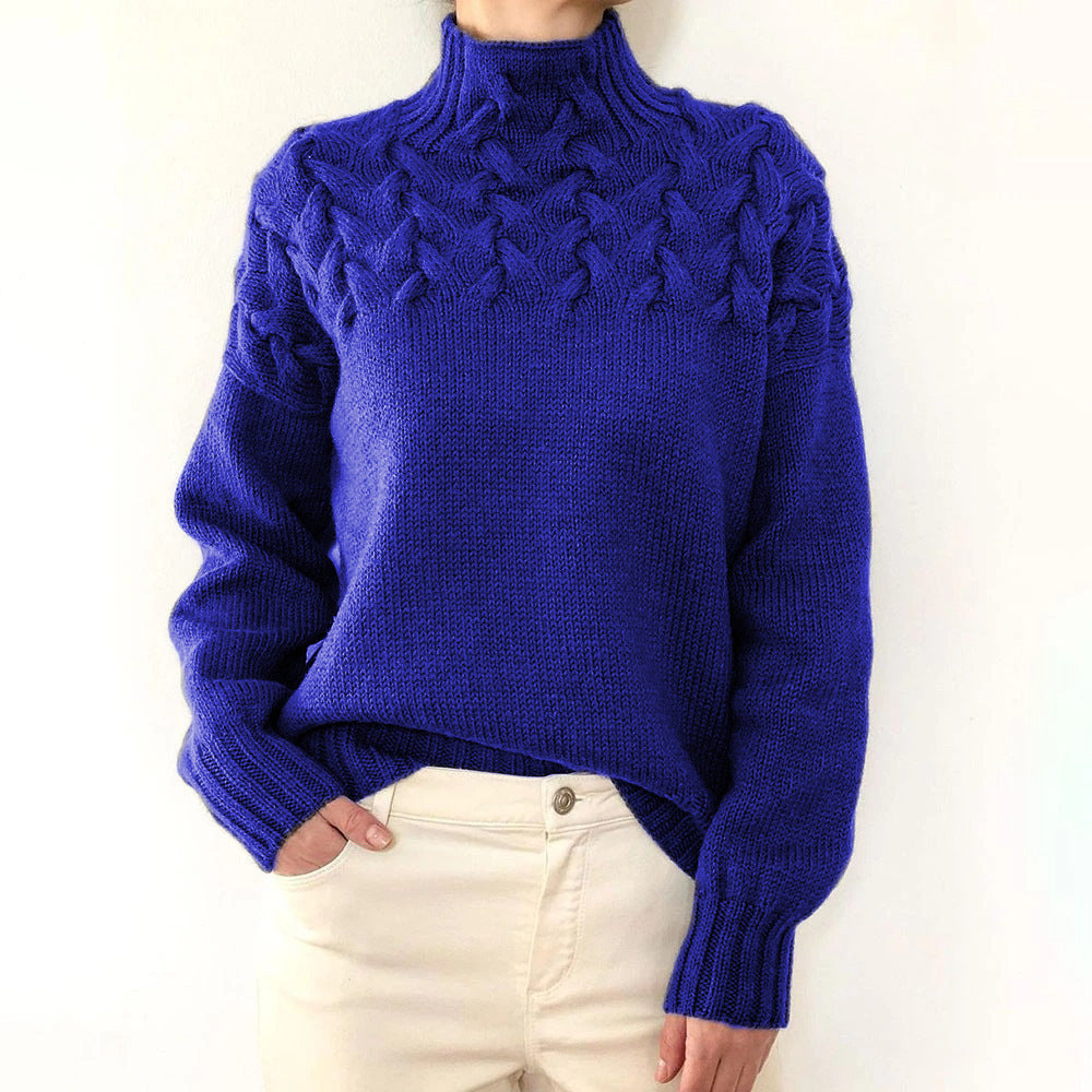 Blue Tessa women's turtleneck sweater by Christine Brewer, featuring a cozy knitwear design with a high collar and long sleeves.