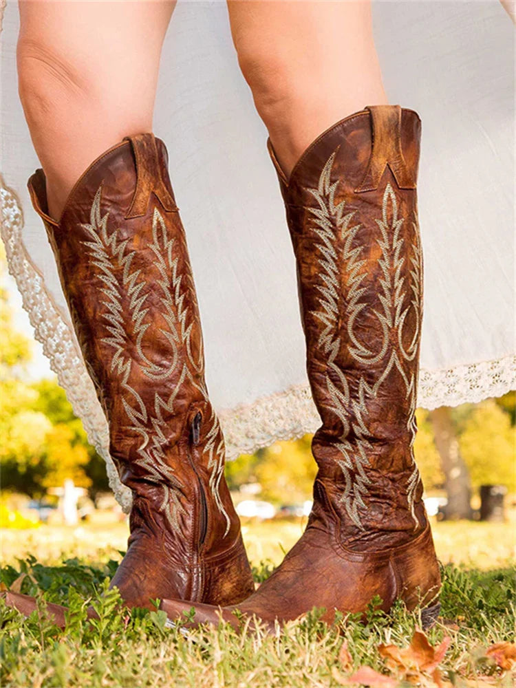 Abigail1 | Cowboy Boots, Knee High Boots, Western Boots, Women, Pointed Toe, Embroidered, Side Zip,