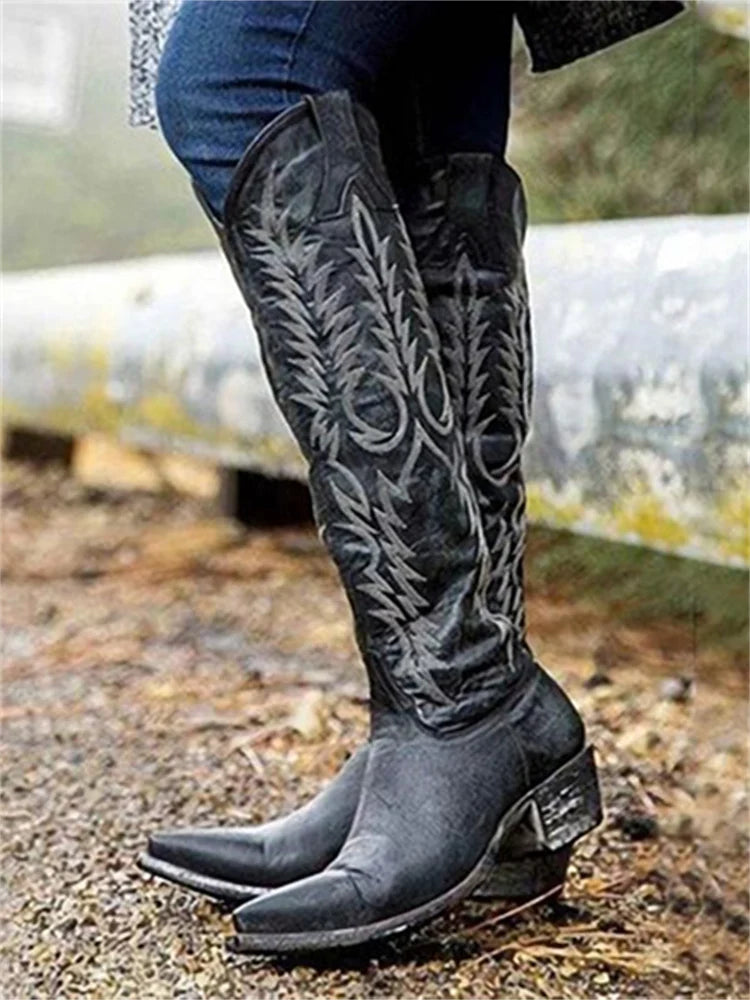 Abigail1 | Cowboy Boots, Knee High Boots, Western Boots, Women, Pointed Toe, Embroidered, Side Zip,