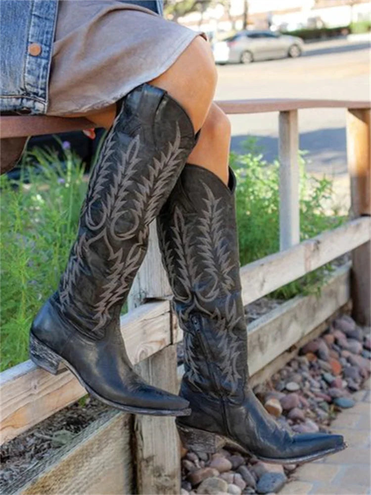 Abigail1 | Cowboy Boots, Knee High Boots, Western Boots, Women, Pointed Toe, Embroidered, Side Zip,