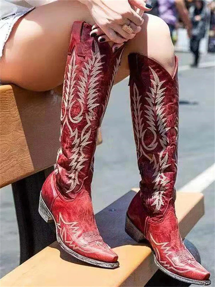 Abigail1 | Cowboy Boots, Knee High Boots, Western Boots, Women, Pointed Toe, Embroidered, Side Zip,