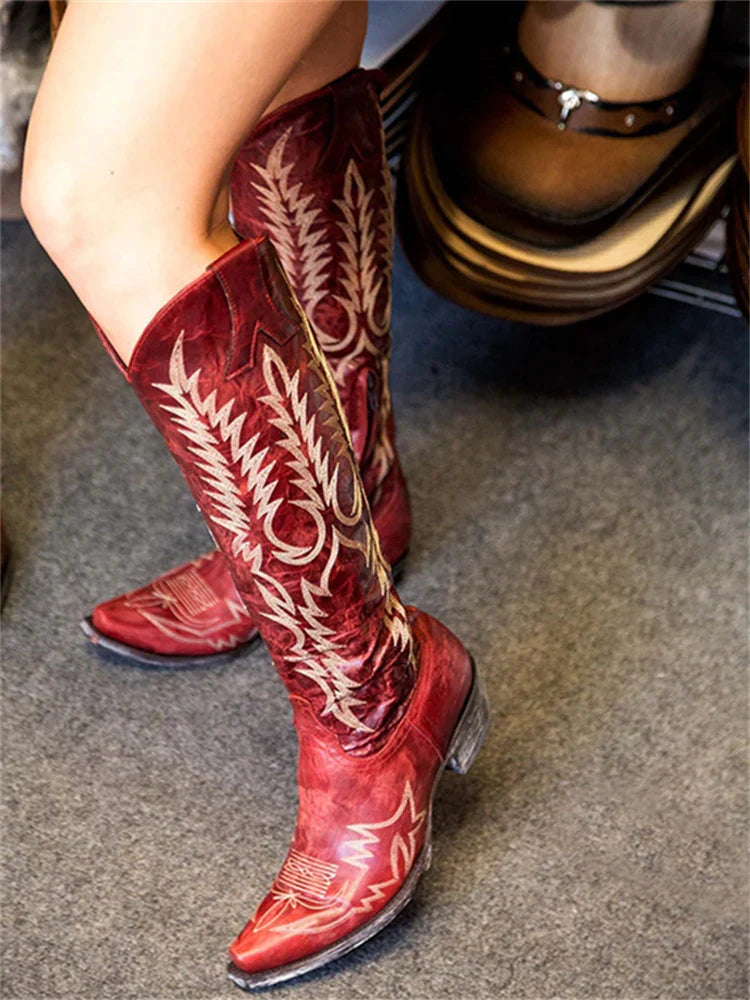 Abigail1 | Cowboy Boots, Knee High Boots, Western Boots, Women, Pointed Toe, Embroidered, Side Zip,