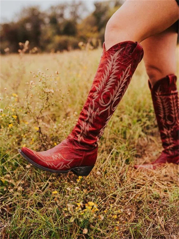 Abigail1 | Cowboy Boots, Knee High Boots, Western Boots, Women, Pointed Toe, Embroidered, Side Zip,