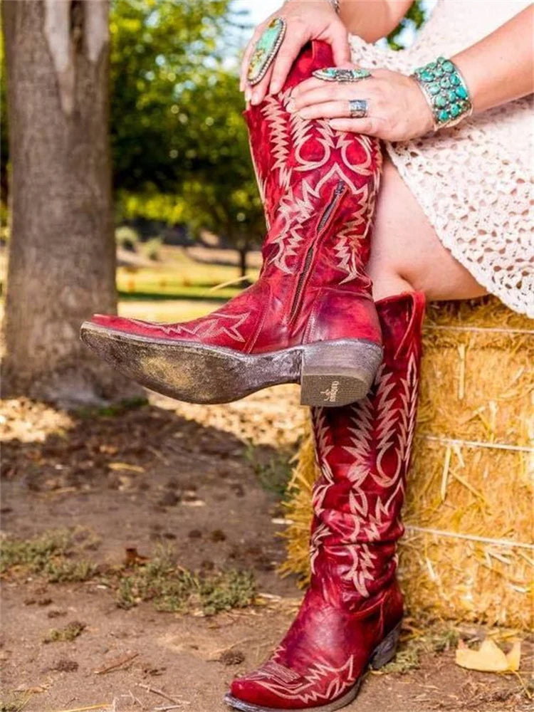 Abigail1 | Cowboy Boots, Knee High Boots, Western Boots, Women, Pointed Toe, Embroidered, Side Zip,