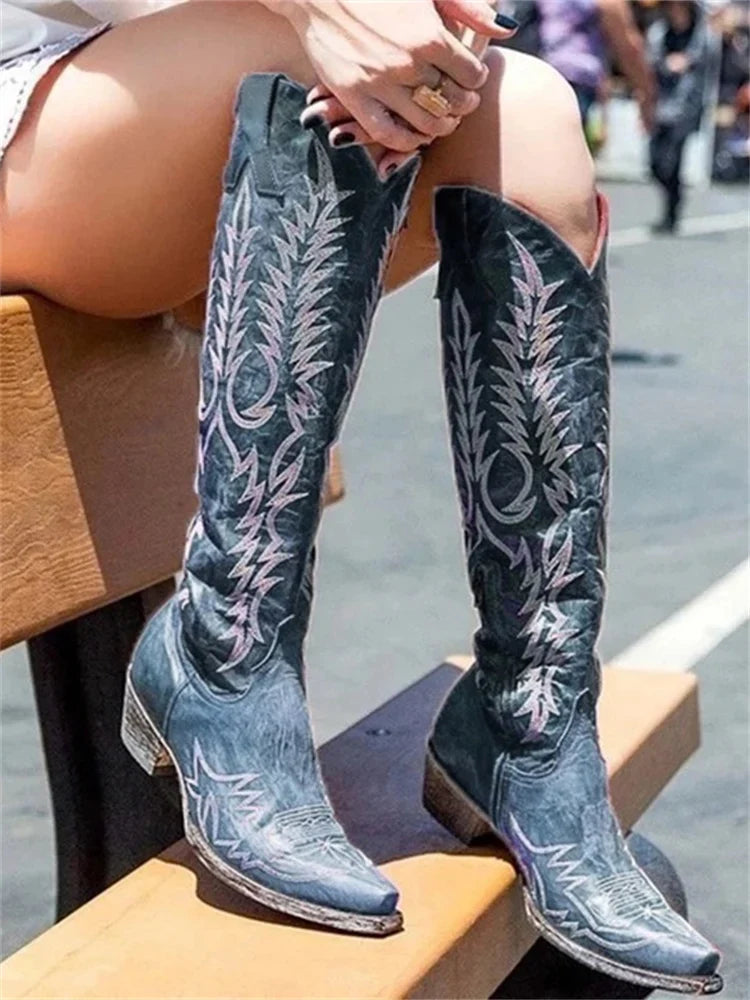 Abigail1 | Cowboy Boots, Knee High Boots, Western Boots, Women, Pointed Toe, Embroidered, Side Zip,