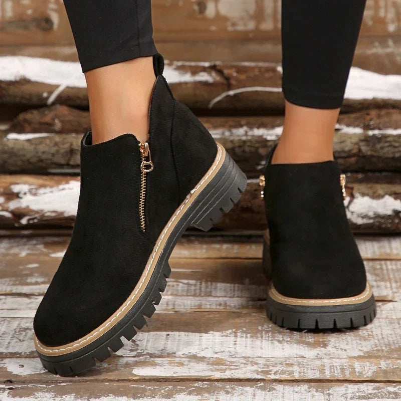 Olivia1 | Ankle Boots, Women, Suede, Side Zip, Lug Sole, Round Toe, Fall, Winter, Booties,