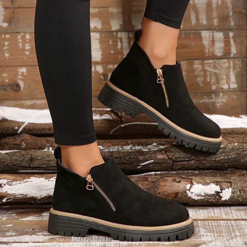 Olivia1 | Ankle Boots, Women, Suede, Side Zip, Lug Sole, Round Toe, Fall, Winter, Booties,