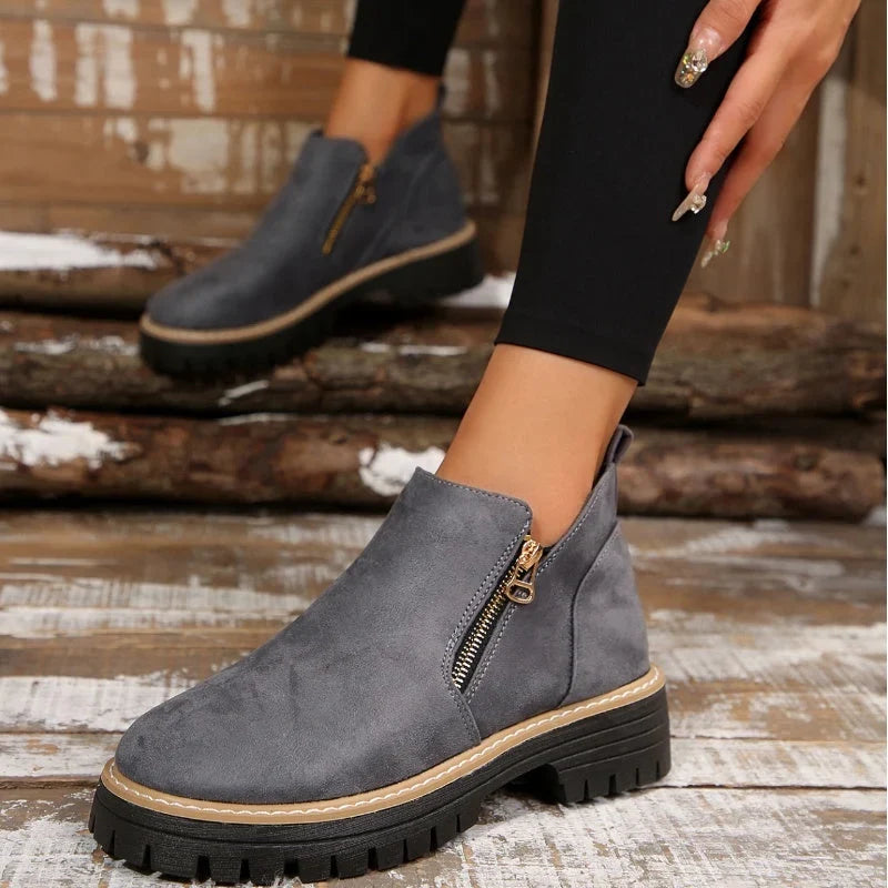 Olivia1 | Ankle Boots, Women, Suede, Side Zip, Lug Sole, Round Toe, Fall, Winter, Booties,