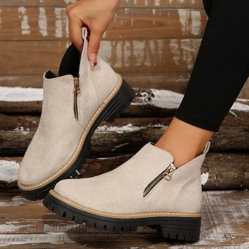 Olivia1 | Ankle Boots, Women, Suede, Side Zip, Lug Sole, Round Toe, Fall, Winter, Booties,