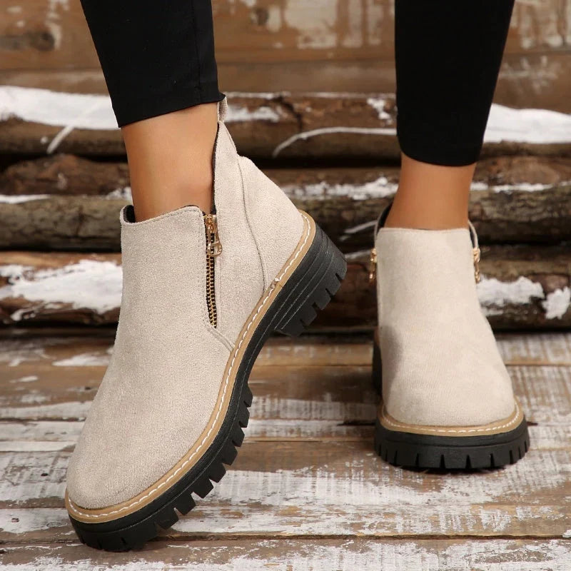 Olivia1 | Ankle Boots, Women, Suede, Side Zip, Lug Sole, Round Toe, Fall, Winter, Booties,