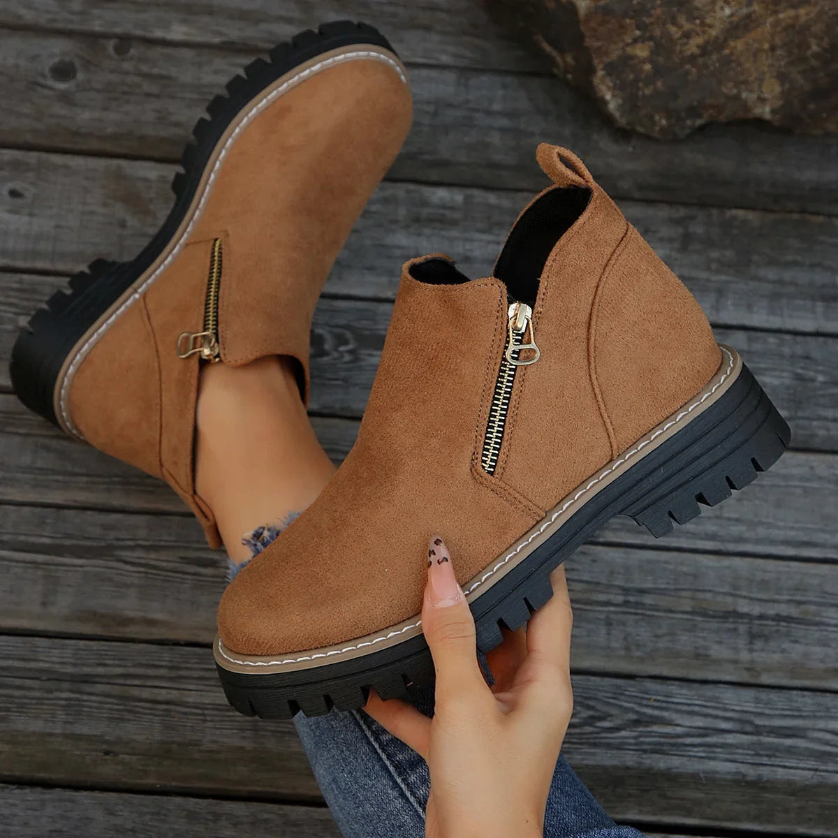 Olivia1 | Ankle Boots, Women, Suede, Side Zip, Lug Sole, Round Toe, Fall, Winter, Booties,