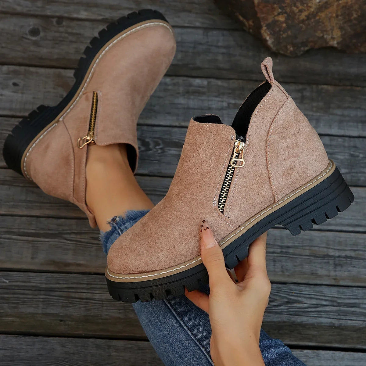 Olivia1 | Ankle Boots, Women, Suede, Side Zip, Lug Sole, Round Toe, Fall, Winter, Booties,