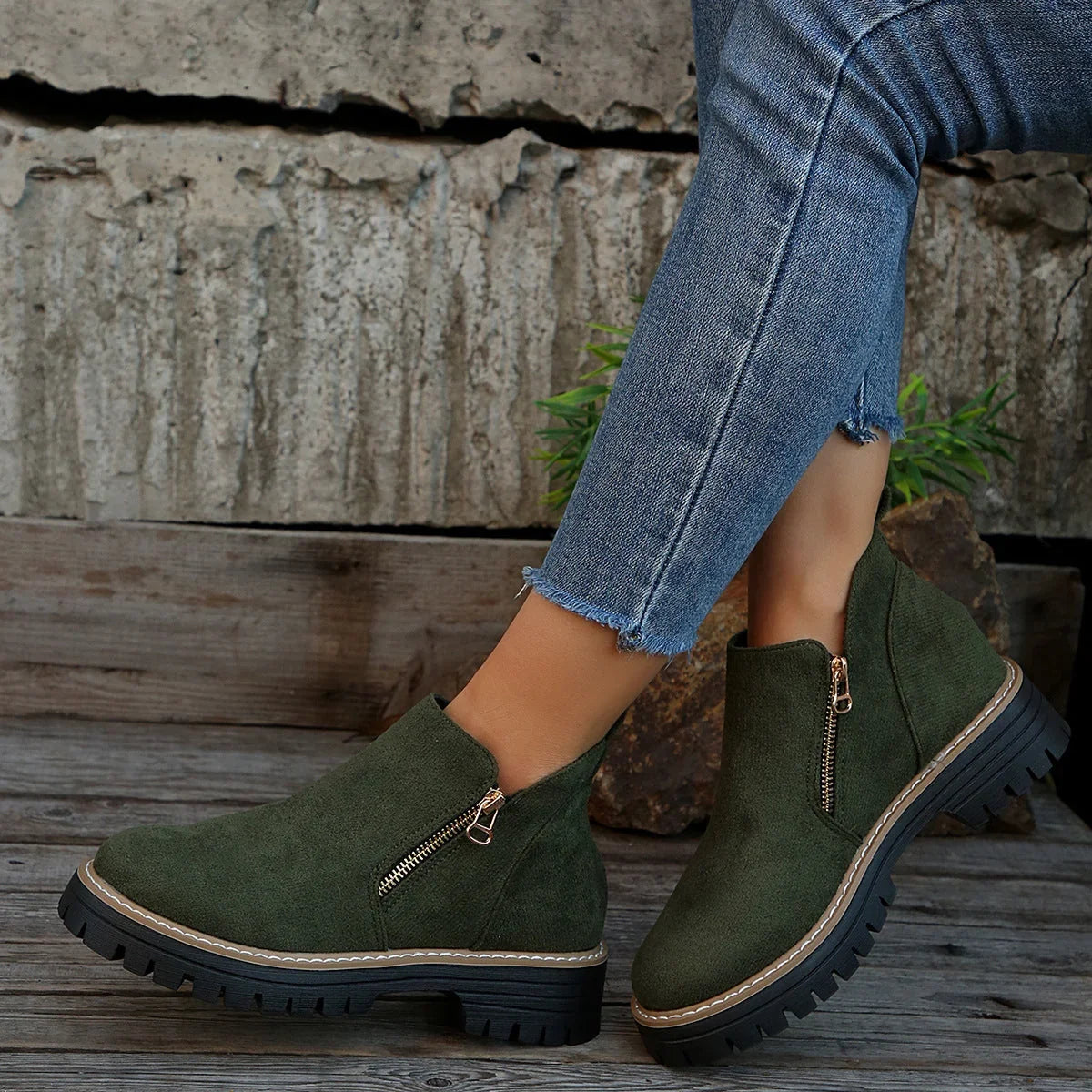 Olivia1 | Ankle Boots, Women, Suede, Side Zip, Lug Sole, Round Toe, Fall, Winter, Booties,