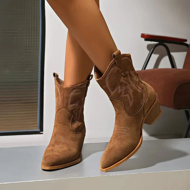 Sadie | Cowboy Boots Ankle Boots Western Women Suede Pointed Toe Block Heel Brown Fall