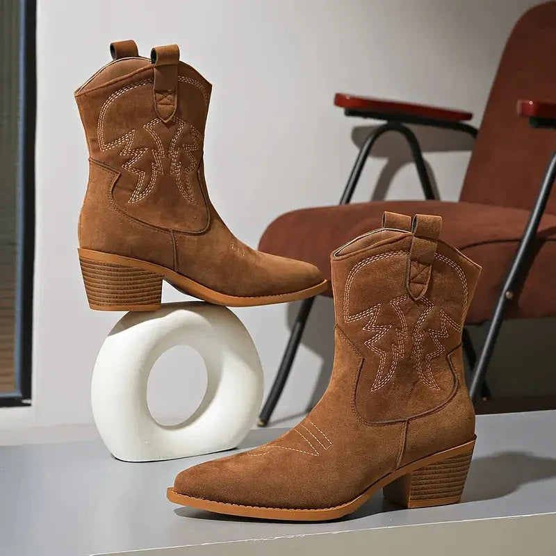 Sadie | Cowboy Boots Ankle Boots Western Women Suede Pointed Toe Block Heel Brown Fall