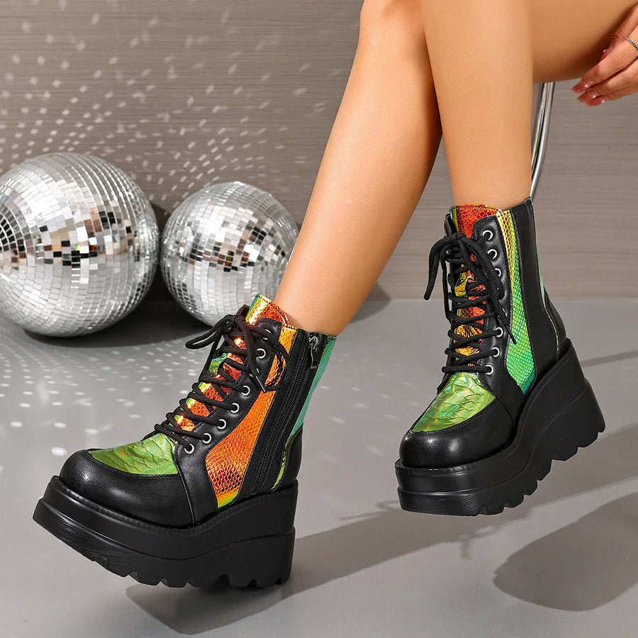 Layla1 | Platform Boots, Ankle Boots, Women, Chunky, Lug Sole, Lace Up, Side Zip, Round