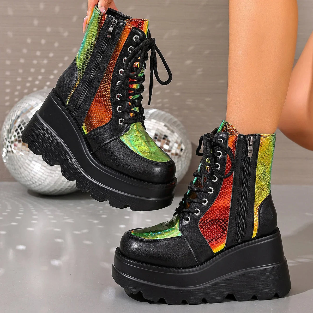 Layla1 | Platform Boots, Ankle Boots, Women, Chunky, Lug Sole, Lace Up, Side Zip, Round