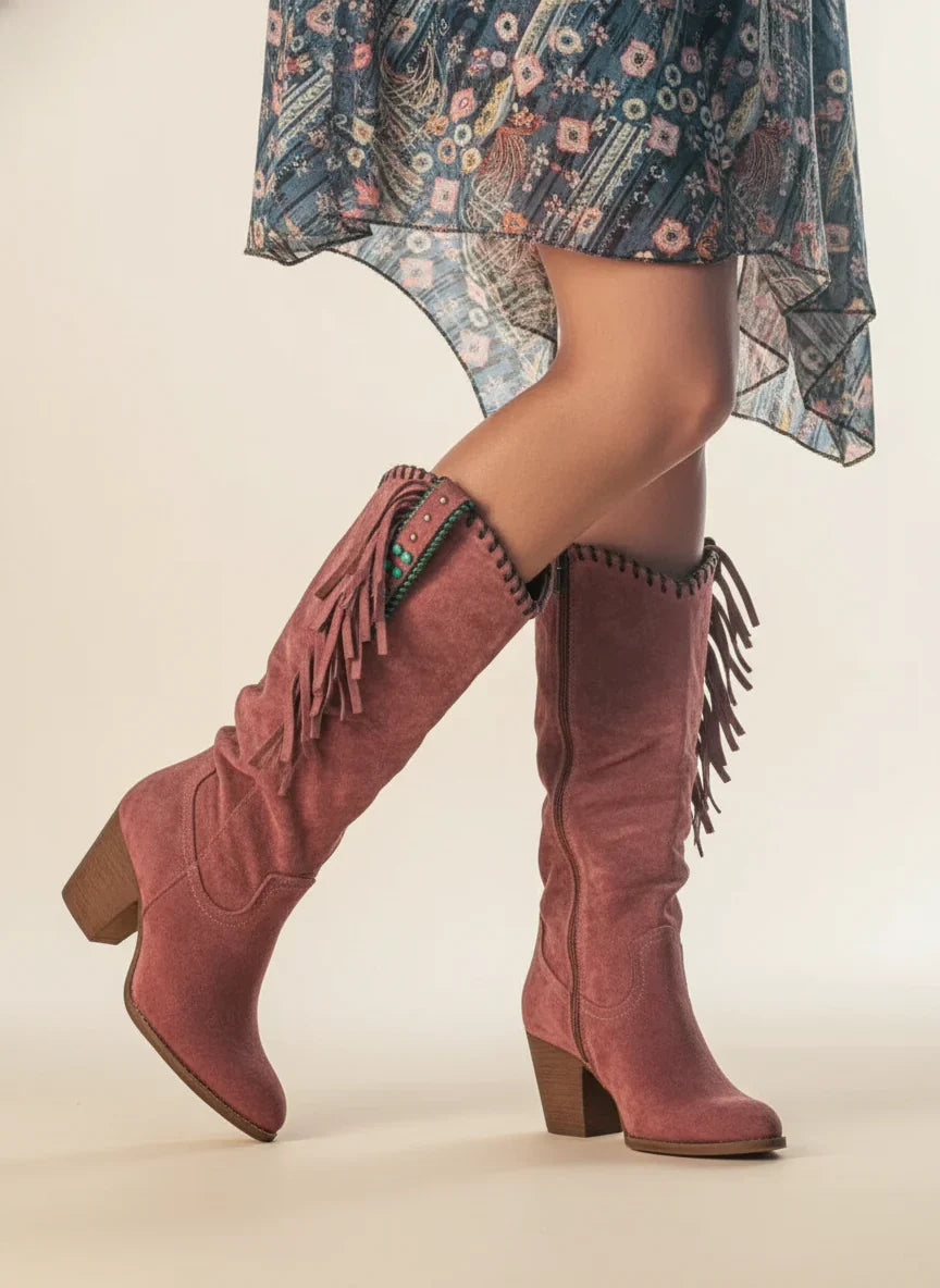 Winona | Knee High Boots Tall Boots Women Winter Block Heel Side Zip Fringe Slouchy