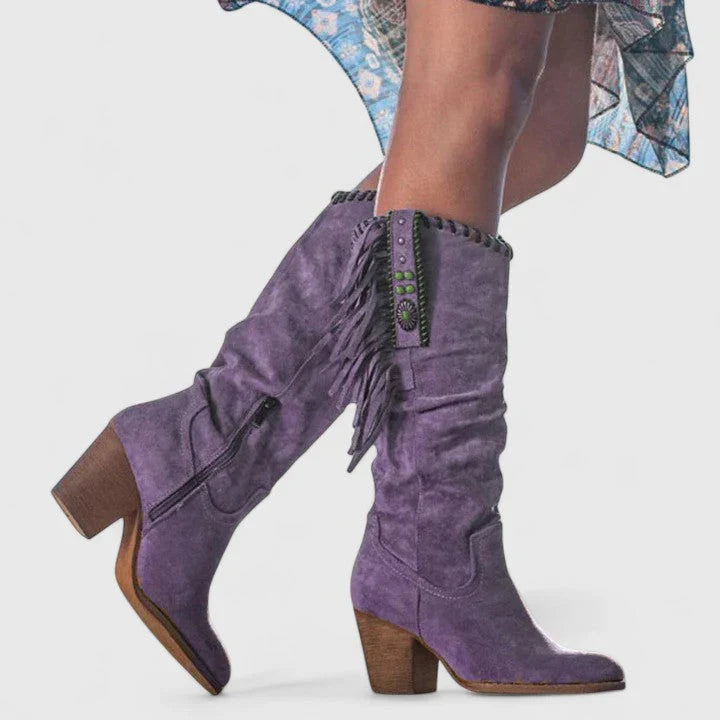 Winona | Knee High Boots Tall Boots Women Winter Block Heel Side Zip Fringe Slouchy