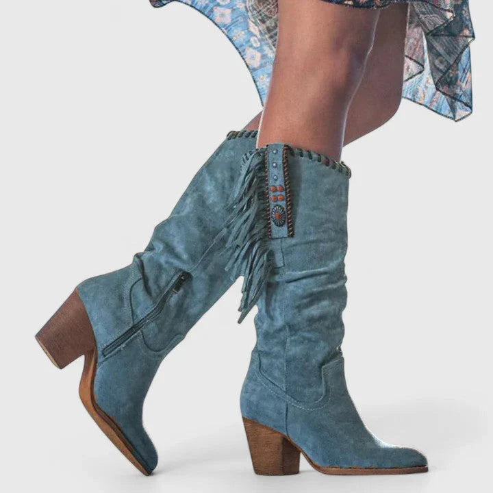 Winona | Knee High Boots Tall Boots Women Winter Block Heel Side Zip Fringe Slouchy
