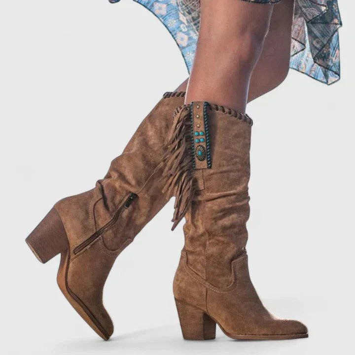 Winona | Knee High Boots Tall Boots Women Winter Block Heel Side Zip Fringe Slouchy