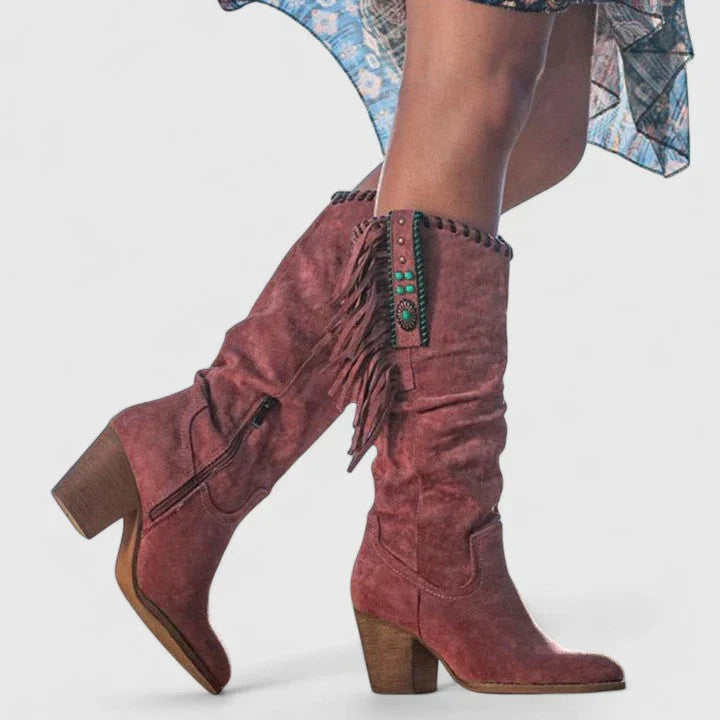 Winona | Knee High Boots Tall Boots Women Winter Block Heel Side Zip Fringe Slouchy