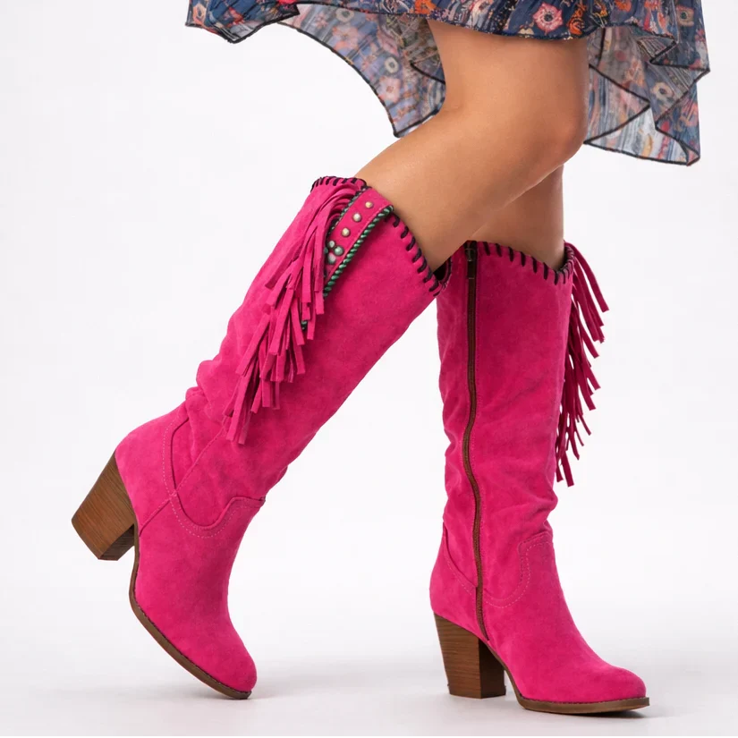 Winona | Knee High Boots Tall Boots Women Winter Block Heel Side Zip Fringe Slouchy