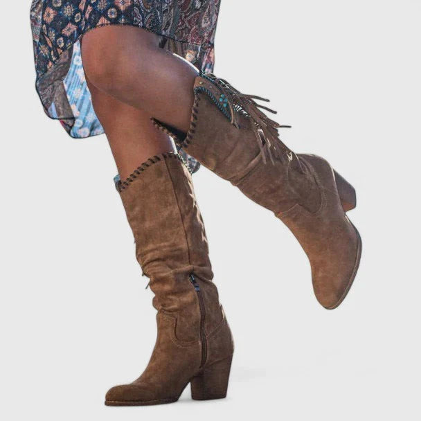Winona | Knee High Boots Tall Boots Women Winter Block Heel Side Zip Fringe Slouchy