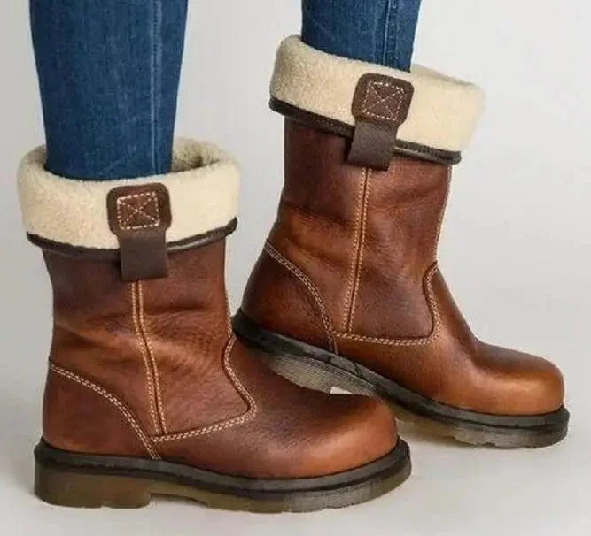 Nora | Winter Boots Snow Boots Women Leather Fleece Lined Fur Trim Warm Rubber Sole