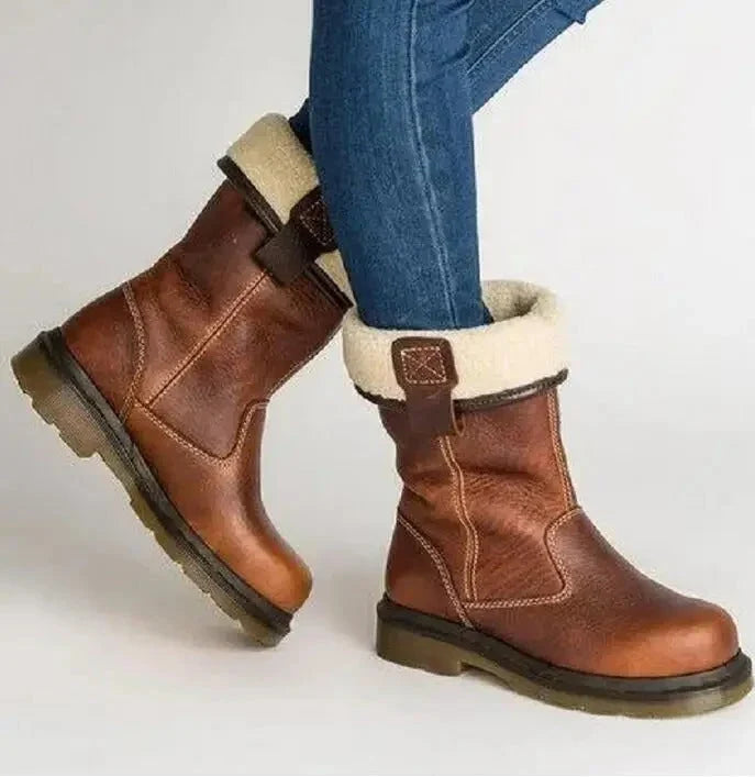 Nora | Winter Boots Snow Boots Women Leather Fleece Lined Fur Trim Warm Rubber Sole