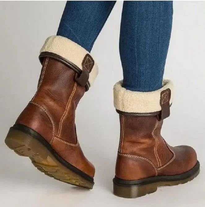 Nora | Winter Boots Snow Boots Women Leather Fleece Lined Fur Trim Warm Rubber Sole
