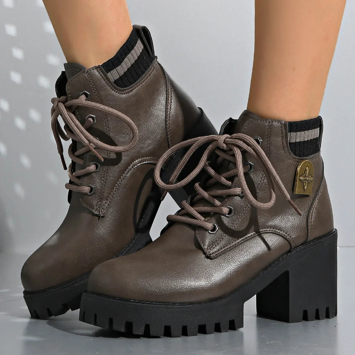 Eleanor1 | Platform Boots, Ankle Boots, Women, Lug Sole, Lace Up, Block Heel, Chunky, Round
