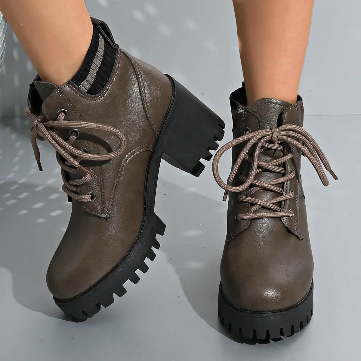 Eleanor1 | Platform Boots, Ankle Boots, Women, Lug Sole, Lace Up, Block Heel, Chunky, Round