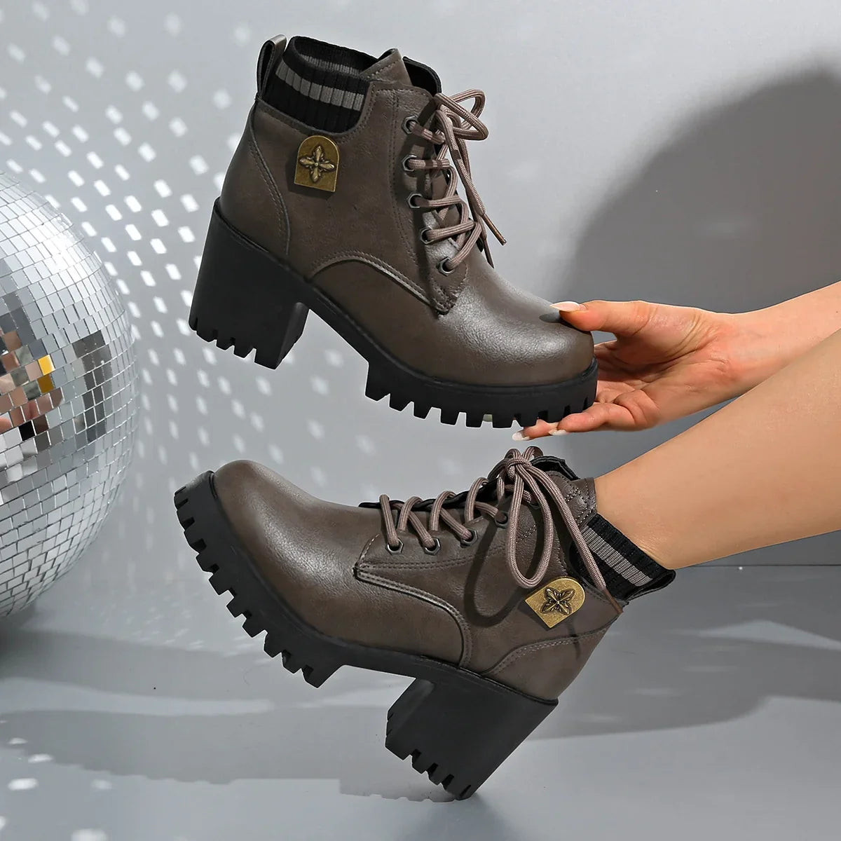 Eleanor1 | Platform Boots, Ankle Boots, Women, Lug Sole, Lace Up, Block Heel, Chunky, Round