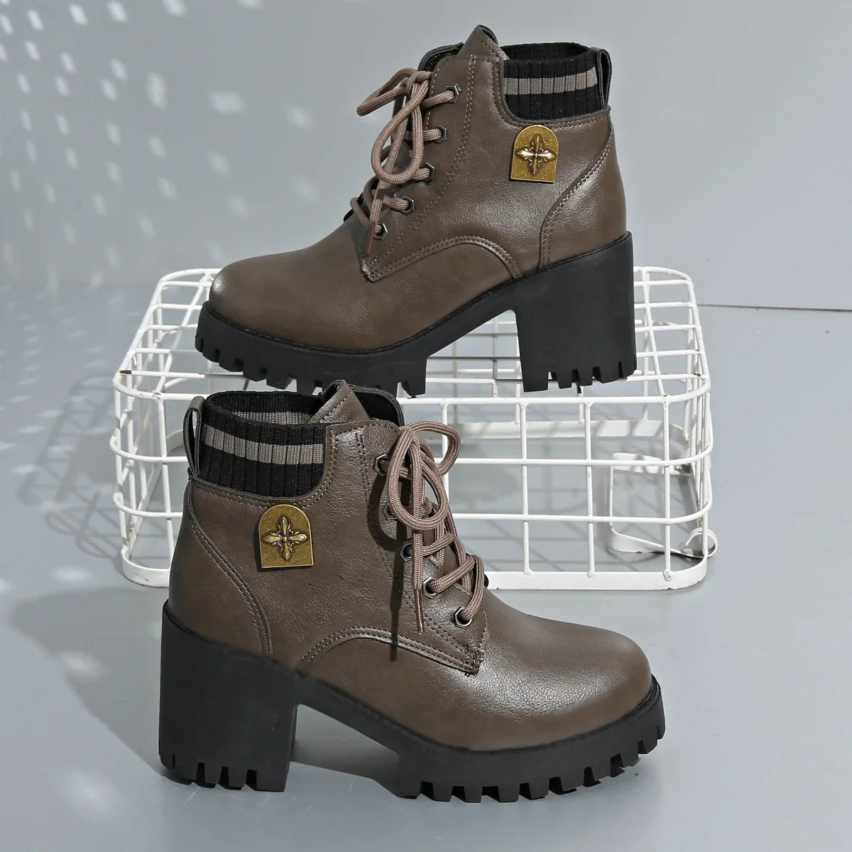 Eleanor1 | Platform Boots, Ankle Boots, Women, Lug Sole, Lace Up, Block Heel, Chunky, Round