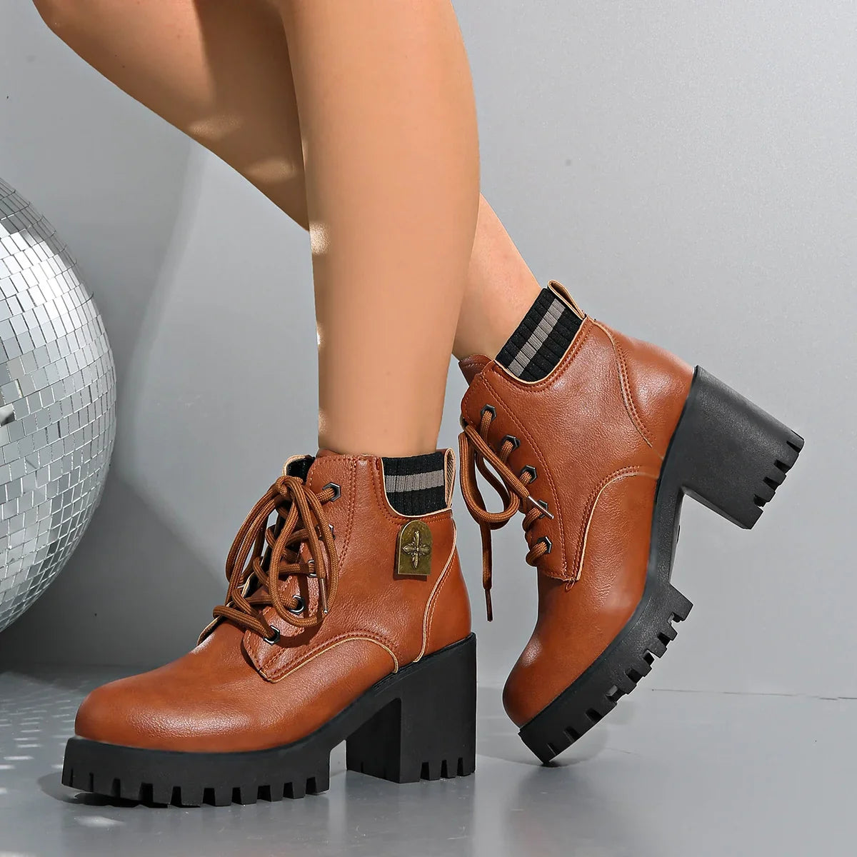 Eleanor1 | Platform Boots, Ankle Boots, Women, Lug Sole, Lace Up, Block Heel, Chunky, Round