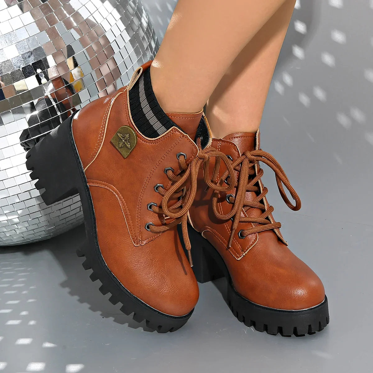 Eleanor1 | Platform Boots, Ankle Boots, Women, Lug Sole, Lace Up, Block Heel, Chunky, Round